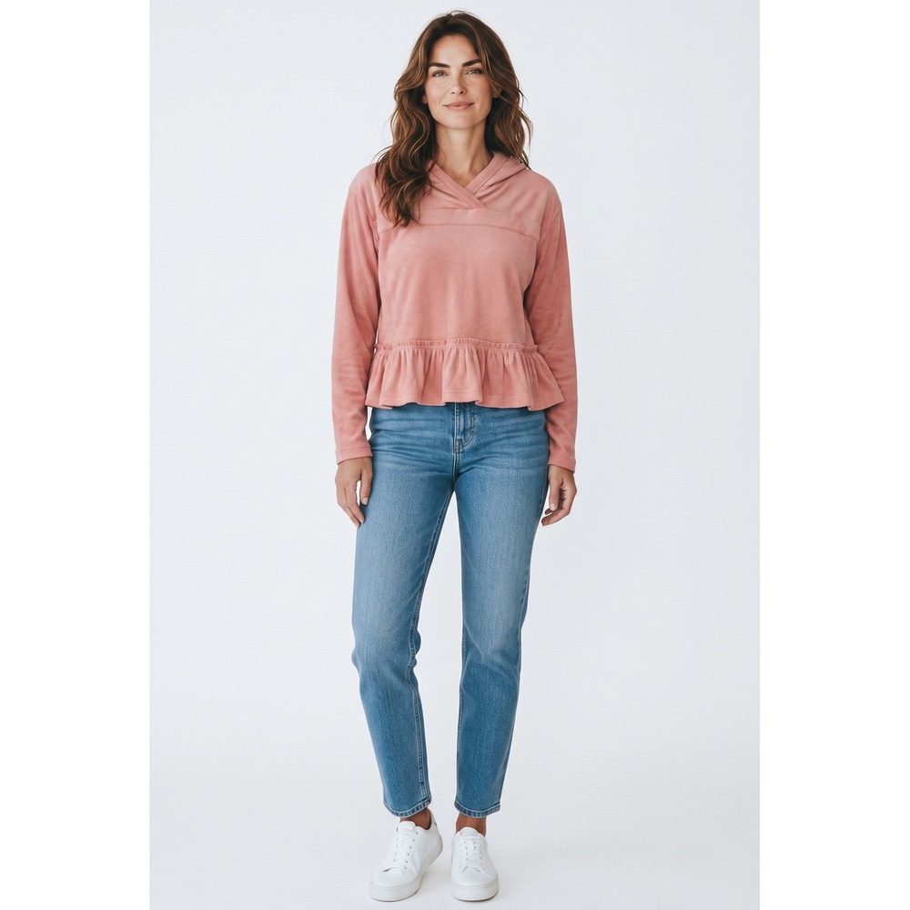 Easel Los Angeles Coral Pink Terry Cloth Peplum Ruffle Hoodie Womens L